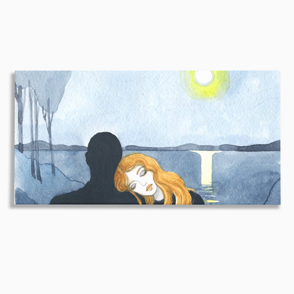 Tablou canvas cu pictura cu un cuplu langa lac, fara rama, pe sasiu de lemn